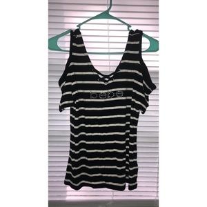 Bebe black and white stripe cold shoulder top